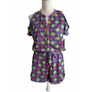 NEW Anthropologie Tracy Negoshian Romper Colorful‎ Pink Blue Palm Tree Sz Small